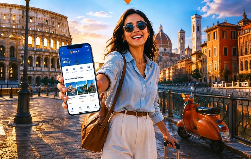 Composición de viaje con una mujer, un teléfono y lugares emblemáticos de Italia.