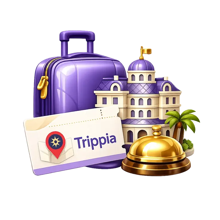 Ilustración de viaje de Trippia con una maleta morada, un hotel y un timbre de recepción dorado.