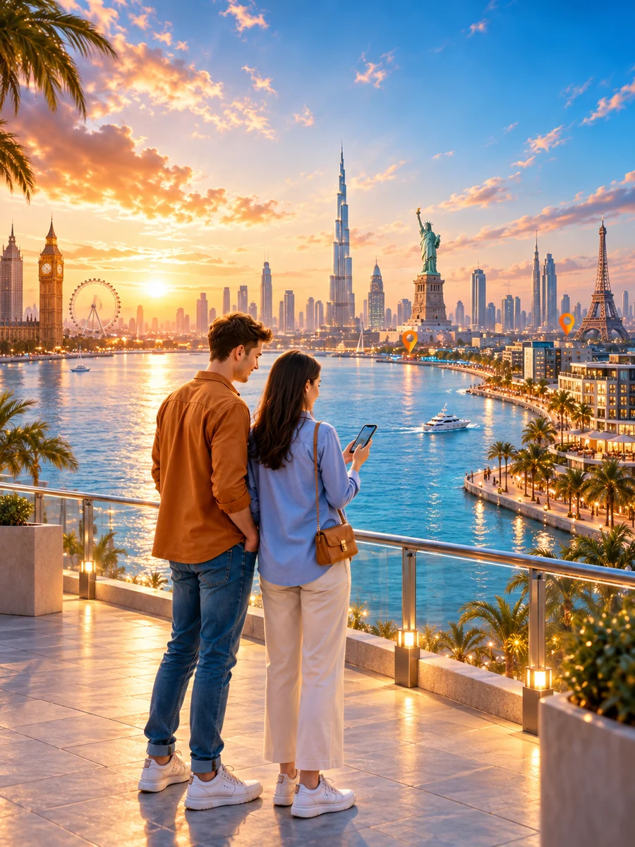 Composición de viaje con una pareja que usa un teléfono para explorar una ciudad junto al agua.