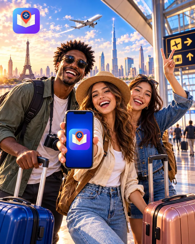 Composición de viaje con amigos en un aeropuerto y Trippia en la pantalla de un teléfono.