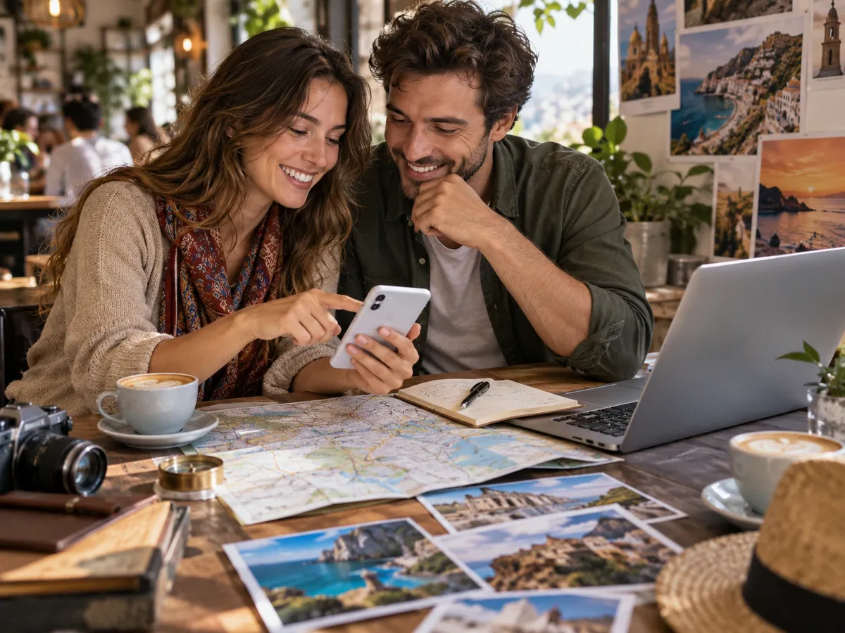 Composición de viaje con una pareja que prepara su ruta en una cafetería.