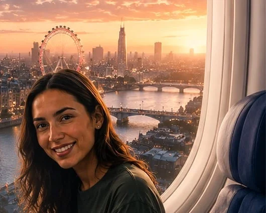Composición de viaje con una mujer sonriente junto a una ventana con vistas a Londres al atardecer.
