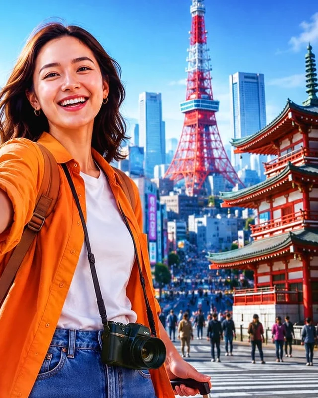 Composición de viaje con una mujer con cámara entre lugares emblemáticos de Tokio.