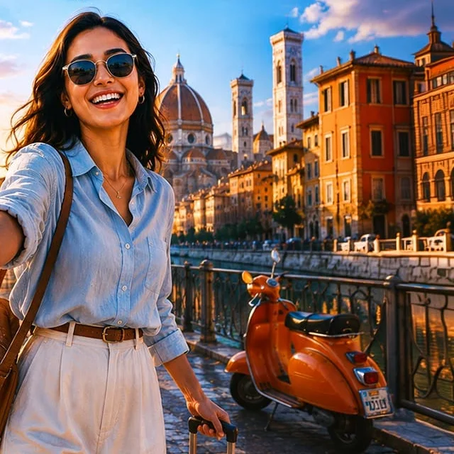 Composición de viaje con una mujer junto a edificios italianos y una scooter naranja.