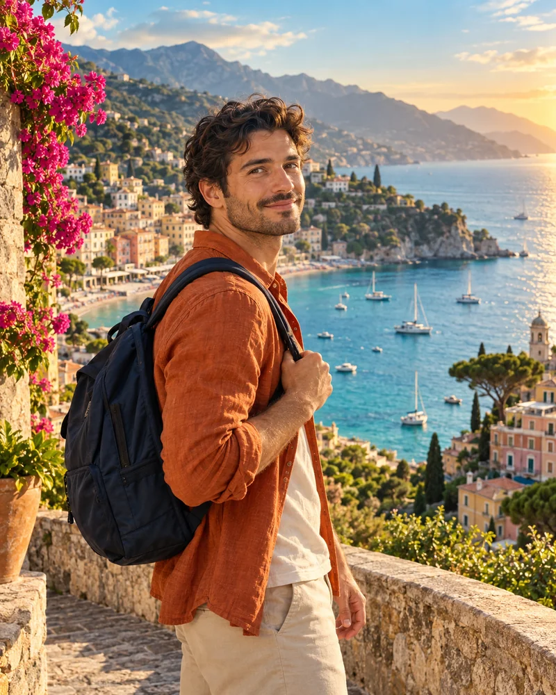 Composición de viaje con un hombre de camisa naranja y mochila que contempla un pueblo costero del Mediterráneo.