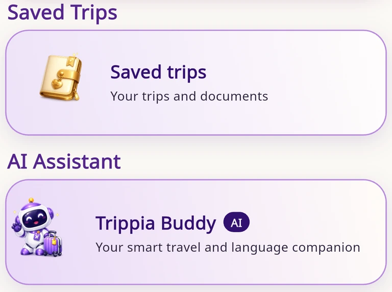 Captura real da tela inicial da Trippia em inglês com Viagens salvas e Trippia Buddy