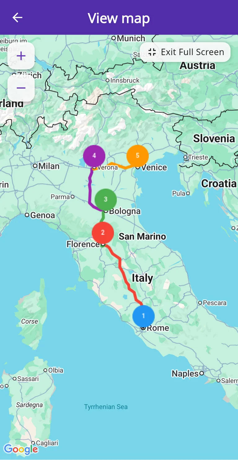 Mapa real da Trippia em inglês conectando cinco cidades italianas: Roma, Florença, Bolonha, Verona e Veneza.