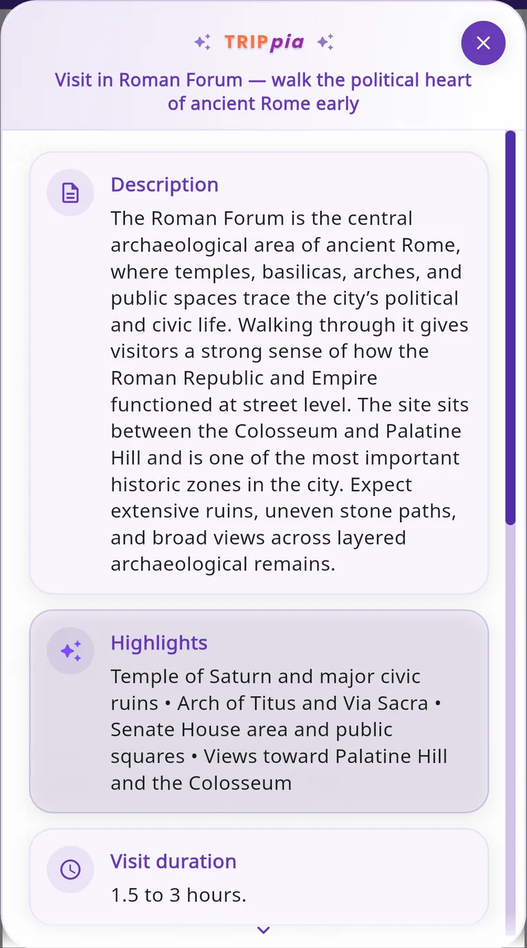 Captura real da Trippia em inglês com informações ampliadas de uma atração do roteiro.