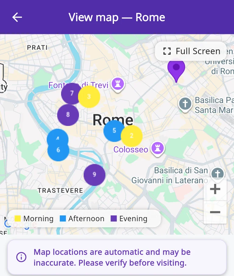 Mapa diário real da Trippia de Roma em inglês com marcadores numerados e uma legenda de cores para manhã, tarde e noite.