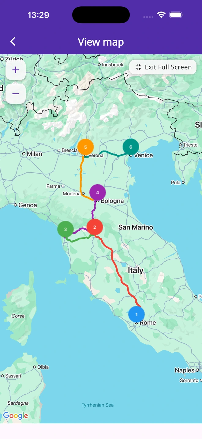 Captura del mapa de Trippia con seis ciudades italianas entre Roma y Venecia, pasando por Florencia, Pisa, Bolonia y Verona.