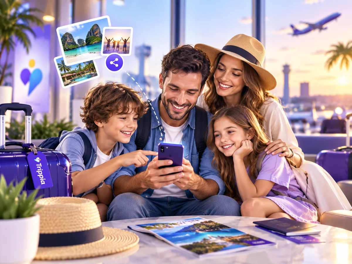 Una pareja y sus dos hijos mirando juntos un teléfono en un aeropuerto
