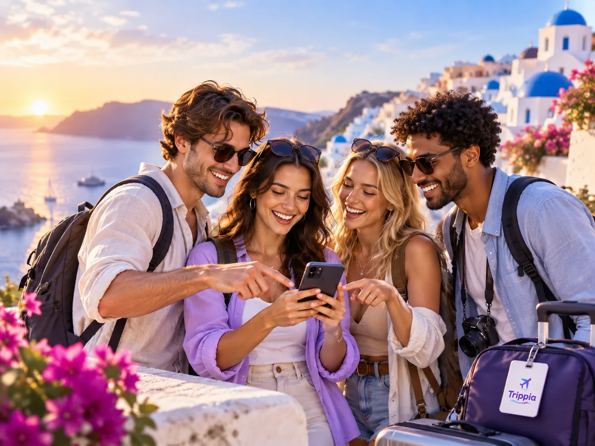 Amigos reunidos alrededor de un teléfono en una terraza con vistas a Santorini