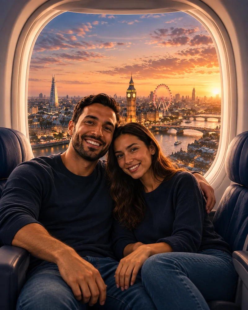 Composición de viaje con una pareja en un momento romántico junto a la ventanilla de un avión con vistas a Londres al atardecer.